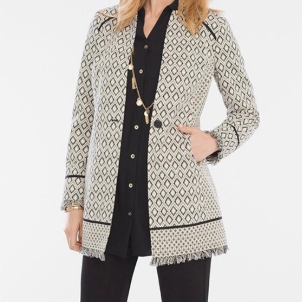 Chico's Black Ivory Gold Metallic Geometric Patterned Fringe Blazer size 1 M 8
